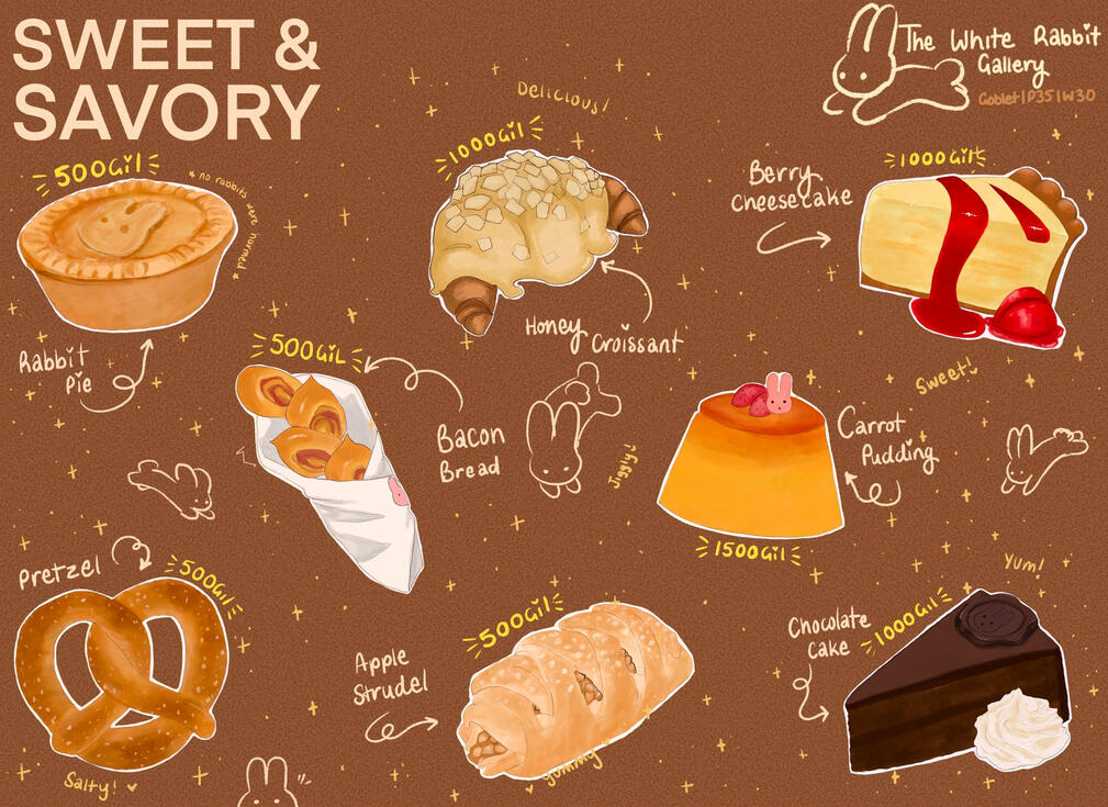 Savory options: rabbit pie ( no rabbit involved) is 500 gil. Bacon Bread is 500 gil. Pretzel is 500 gil. Sweet options: honey croissant is 1000 gil. Apple Strudel is 500 gil. Berry cheesecake is 1000gil. Chocolate cake is 1000 gil.
