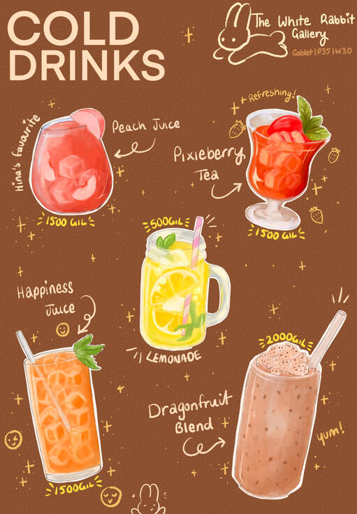 Peach Juice is 1500 gil. Pixieberry Juice is 1500gil. Lemonade is 500 gil. Happiness juice is 1500 gil. Dragonfruit blend is 2000 gil.